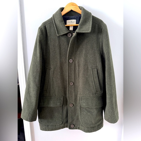L.L. Bean Men’s Large Olive Wool Overcoat with Thinsulate - Picture 1 of 9